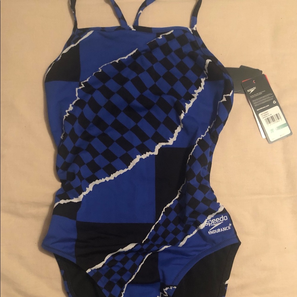 NEW Speedo Endurance+ Flyback Training Racing Cut 1-Pc Blue Swimsuit Wom…